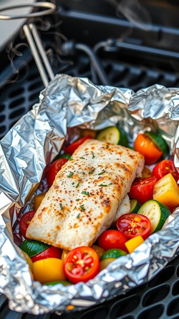 Grilled tilapia foil packet with vegetables on a grill, showcasing a healthy meal.